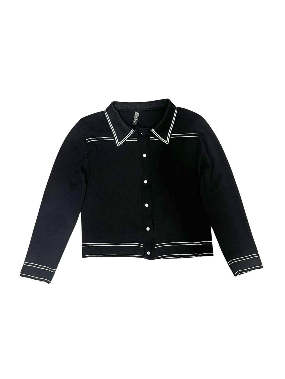 Lapis Black White Trim Cardigan Womens XL Cropped Preppy Old Money Knit Top
